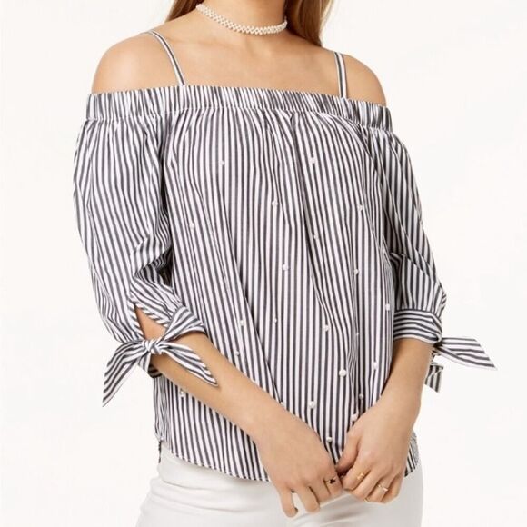 BCX Striped Pearl Off Shoulder Blouse Black White Stripes Size XS - Picture 1 of 8
